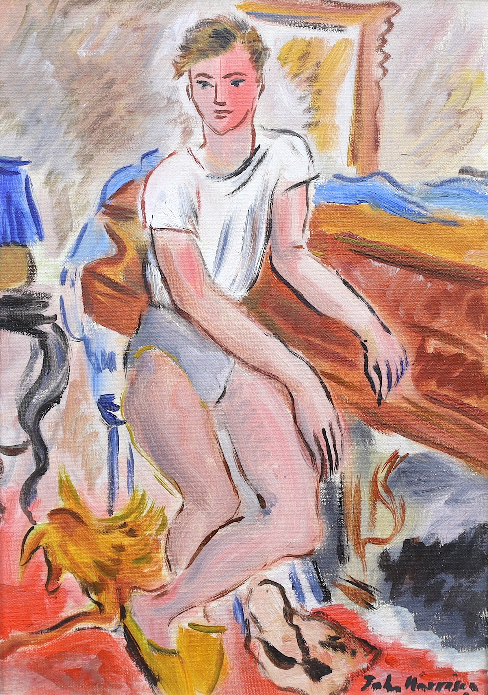John Theodore Harrison (1914-2002), oil on canvas board, Youth seated at a piano, signed, 34 x 24cm